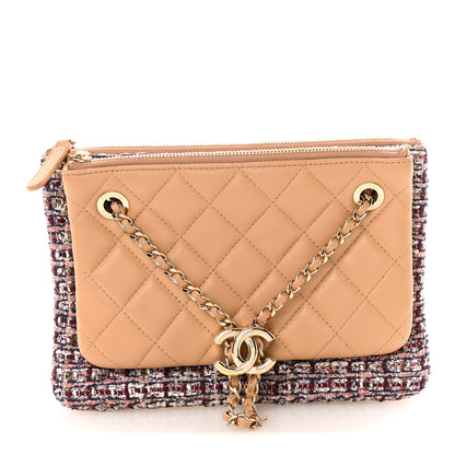 Chanel Tweed Lambskin Quilted Pouch Beige Multicolor 1 of 10