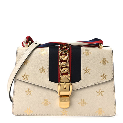 Gucci Textured Calfskin Bee Star Print Small Sylvie Shoulder Bag Mystic White 1 of 10