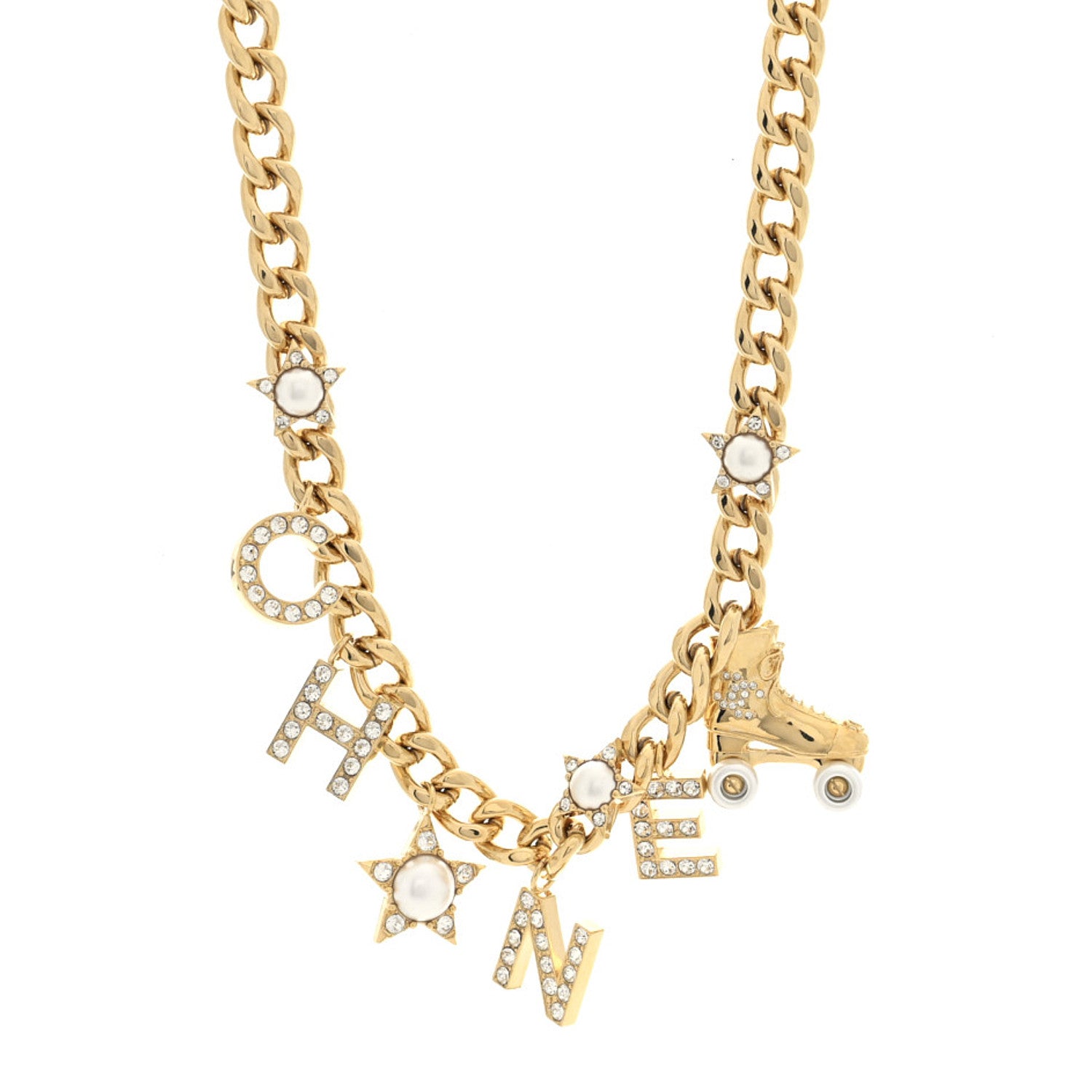 Chanel Crystal Pearl Star Rollerblade Logo Necklace Gold 1 of 4