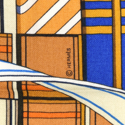 Hermes Cashmere Silk Voltes Et Pirouettes Shawl 140 Bleu Marine Gold White 4 of 6