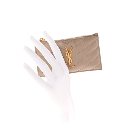 Saint Laurent Grain De Poudre Matelasse Chevron Monogram Fragments Zippered Card Case Deep Beige 2 of 6