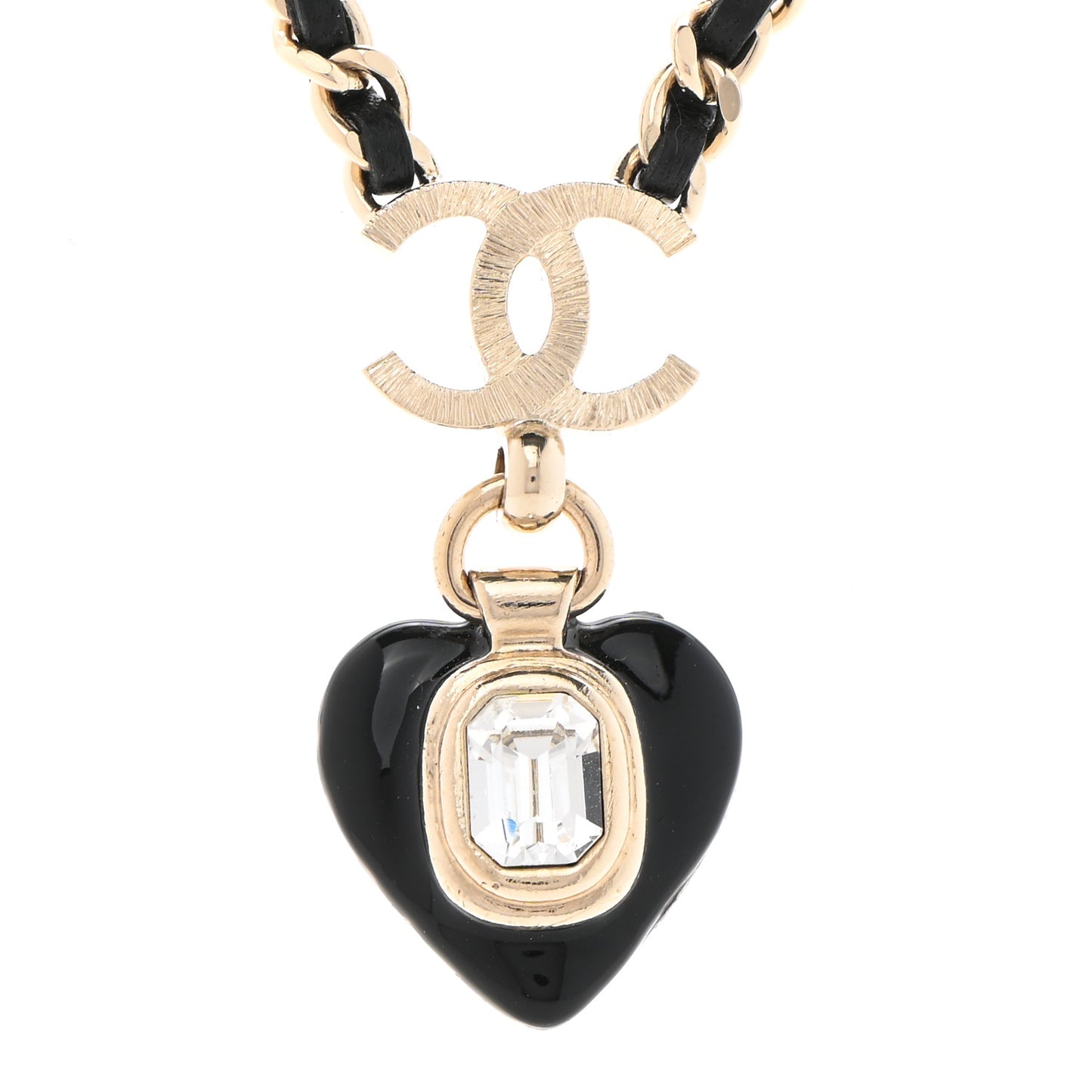 Lambskin Crystal Pearl CC Heart Drop Necklace Gold Black