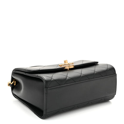 Chanel Lambskin Stitched Pearl Logo Top Handle Flap Black Black 4 of 10