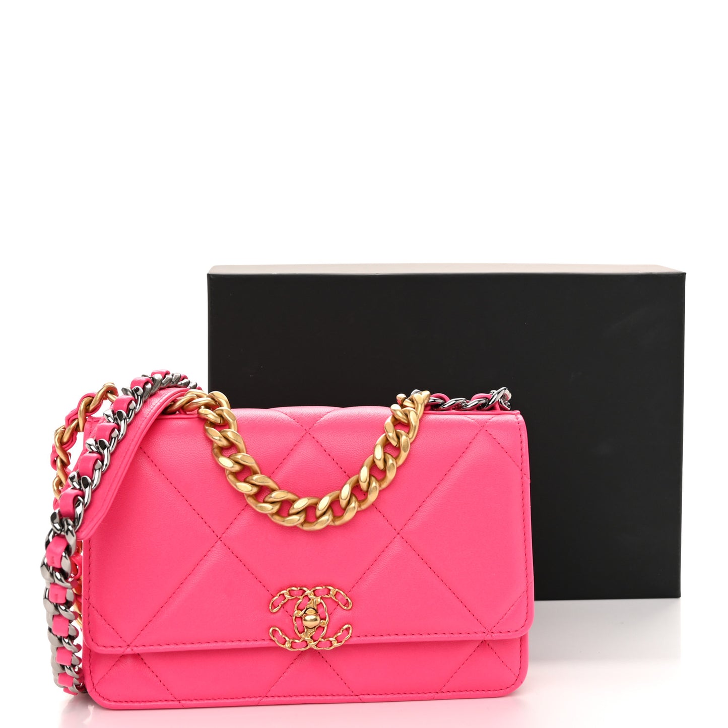 Lambskin Quilted Chanel 19 Wallet On Chain WOC Dark Pink