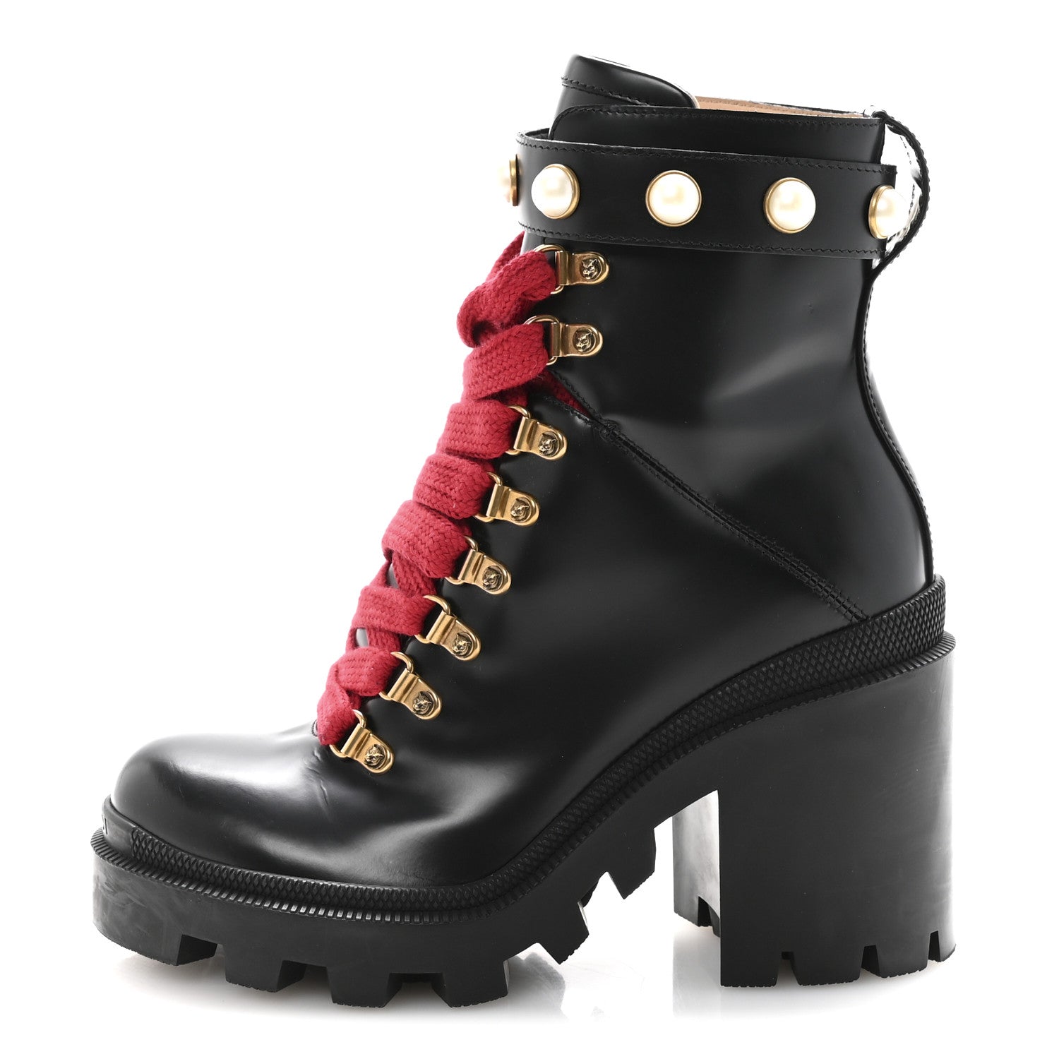 Gucci Magnum Calfskin Pearl Lace Up Combat Ankle Boots 36.5 Black 1 of 10