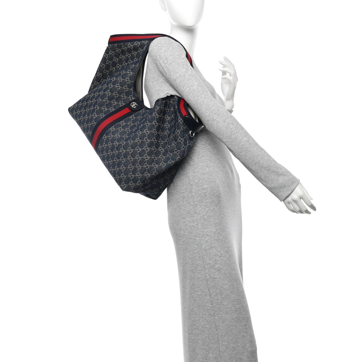 Gucci Denim GG Monogram Web Large Giglio Tote Blue 2 of 10