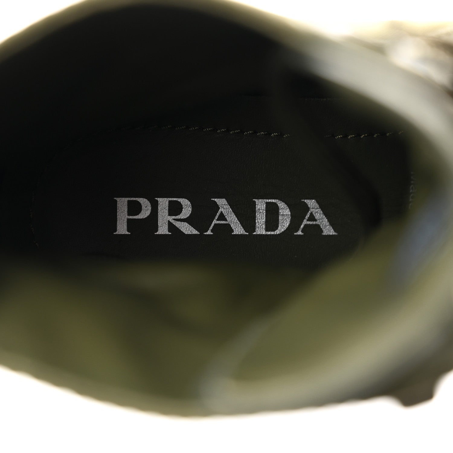 Prada Spazzolato Rois Re-Nylon Metal Triangle Logo Monolith Pouch Pocket 55mm Boots 38.5 Militare 8 of 15