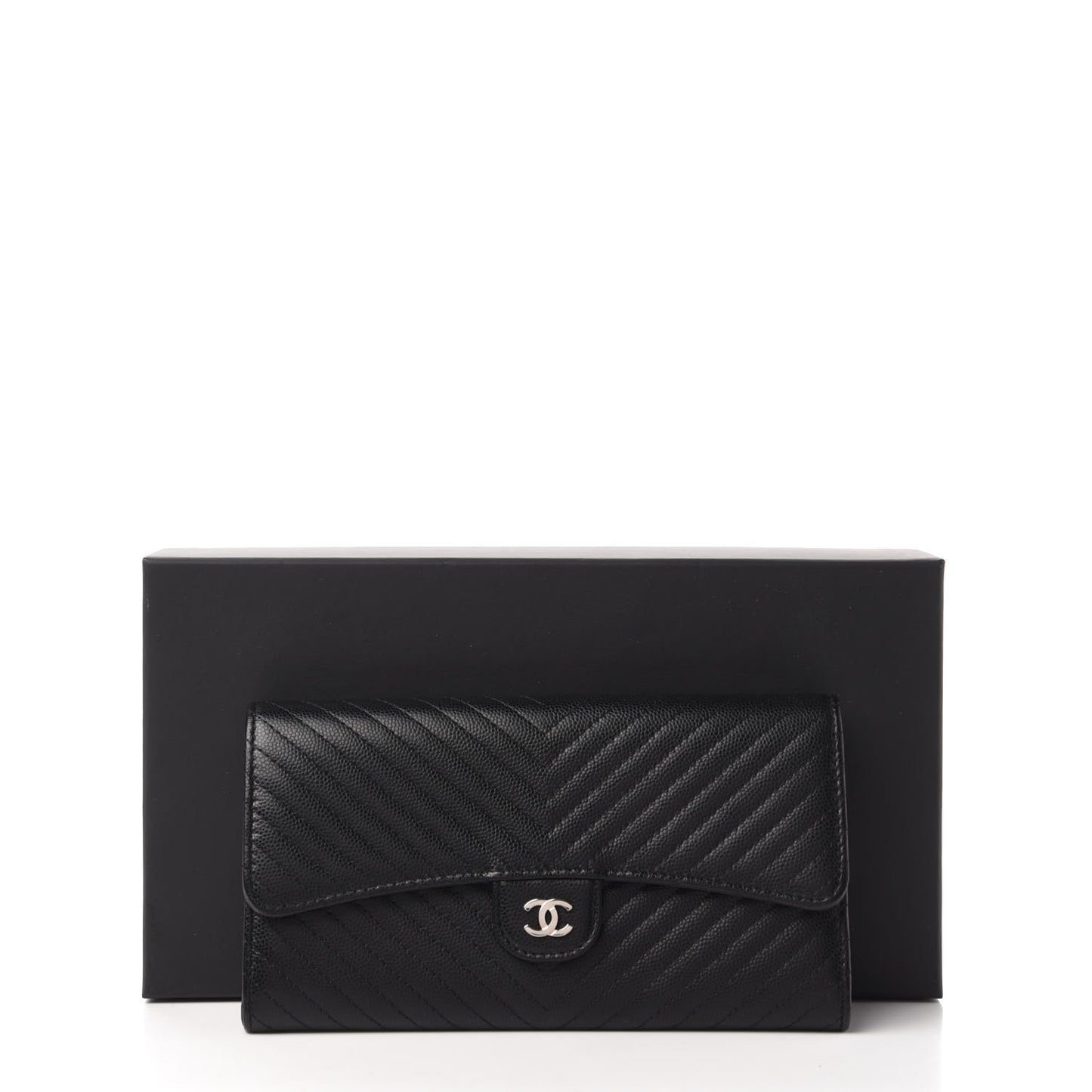 Caviar Chevron Quilted Large Flap Wallet Black