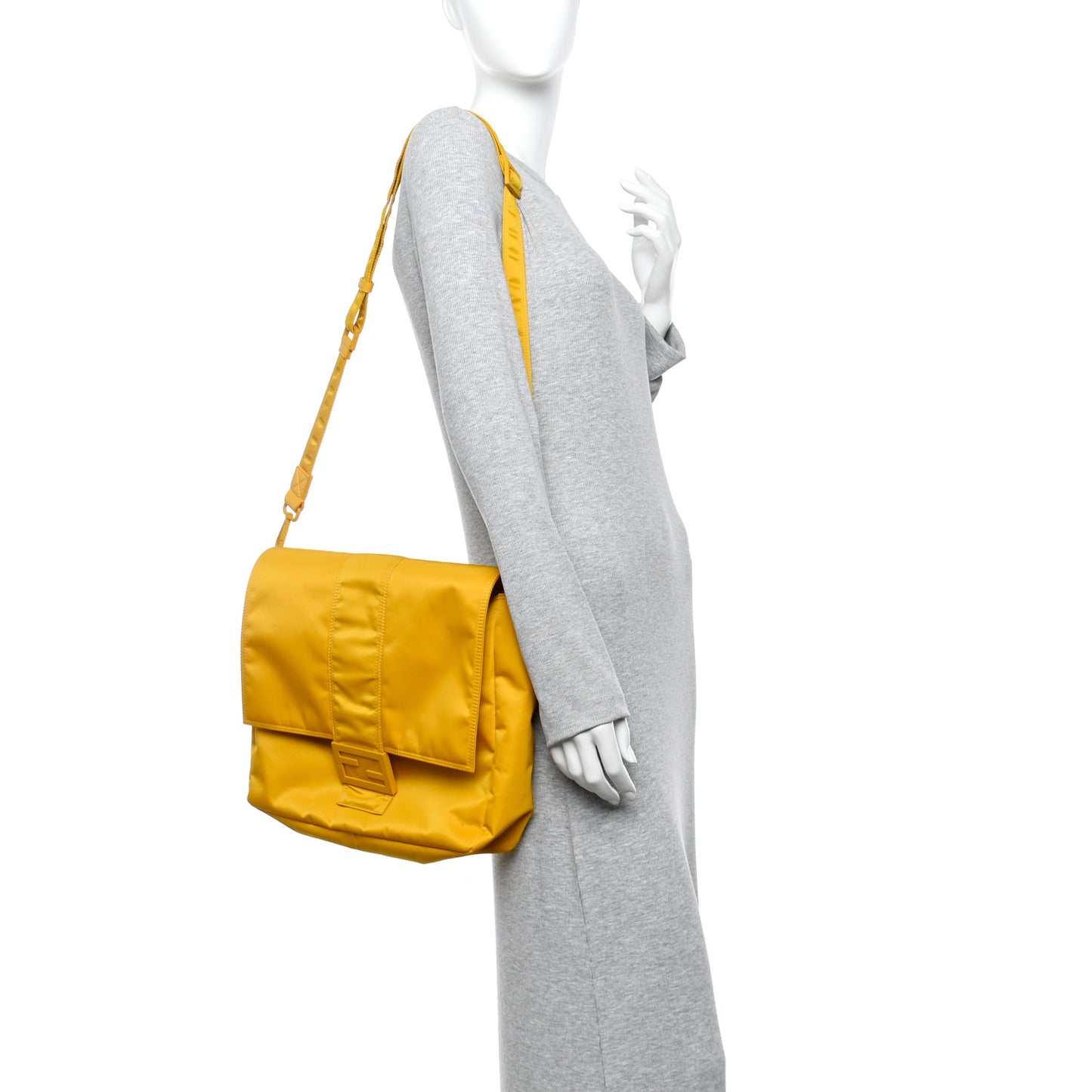 Econyl Nylon Cuoio Romano Monochrome Large Baguette Messenger Bag Sunflower