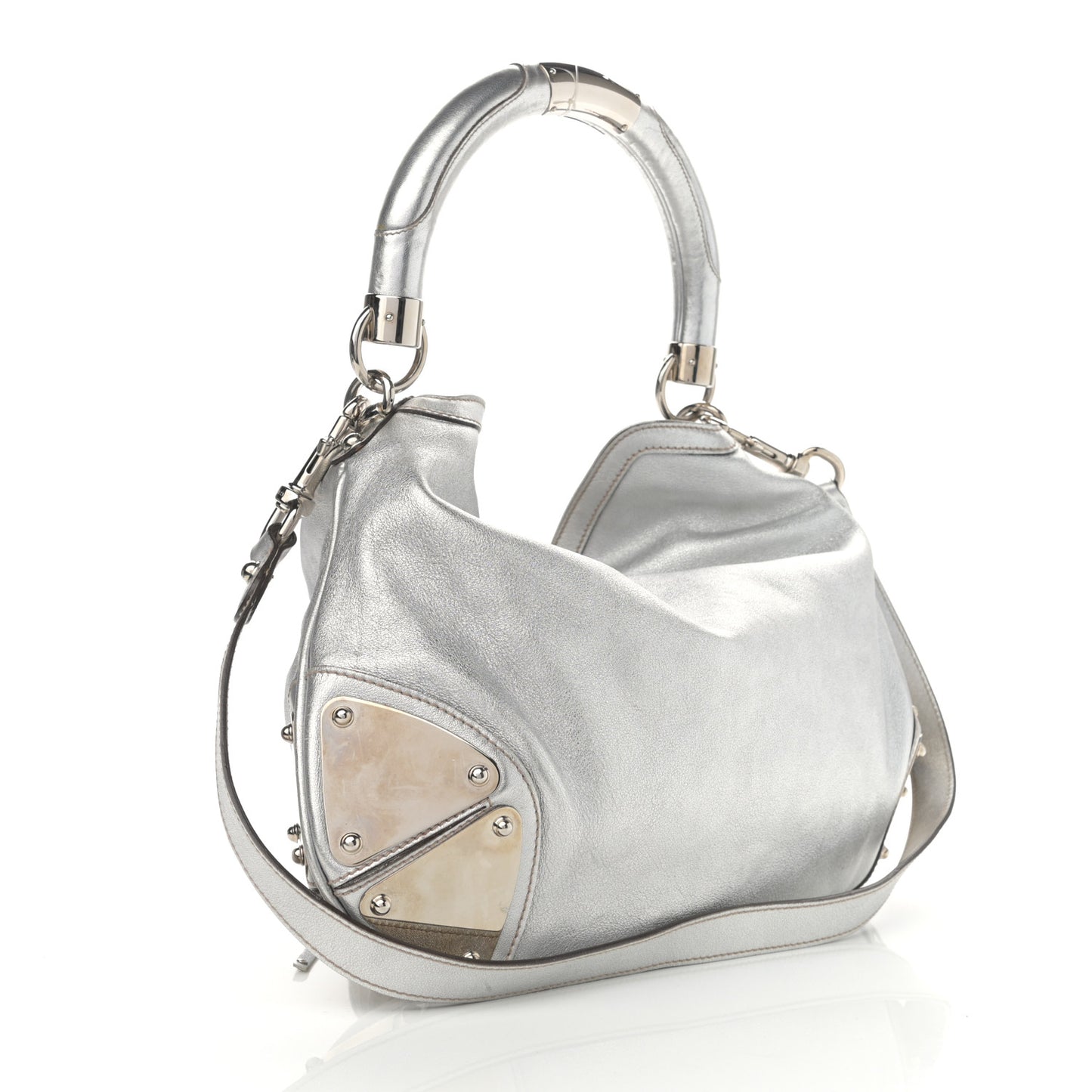 Metallic Calfskin Medium Indy Top Handle Hobo Silver