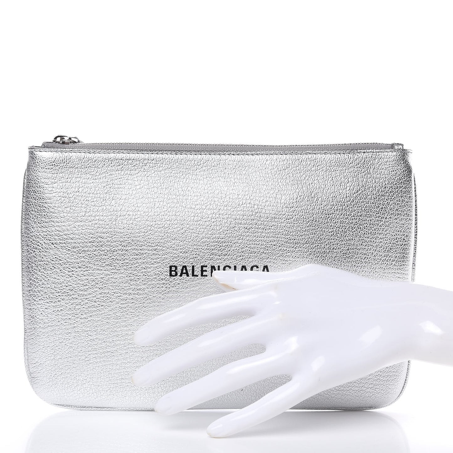 Metallic Goatskin Logo Large Everyday Zip Pouch Argent Black