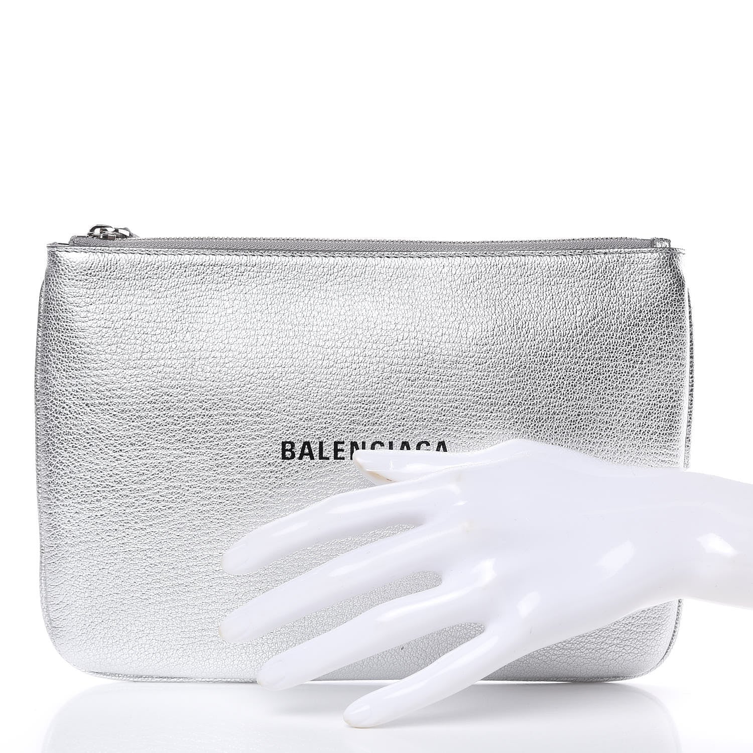 Balenciaga Metallic Goatskin Logo Large Everyday Zip Pouch Argent Black 2 of 8