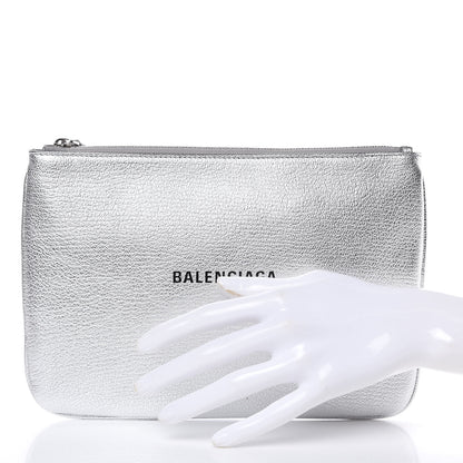 Balenciaga Metallic Goatskin Logo Large Everyday Zip Pouch Argent Black 2 of 8