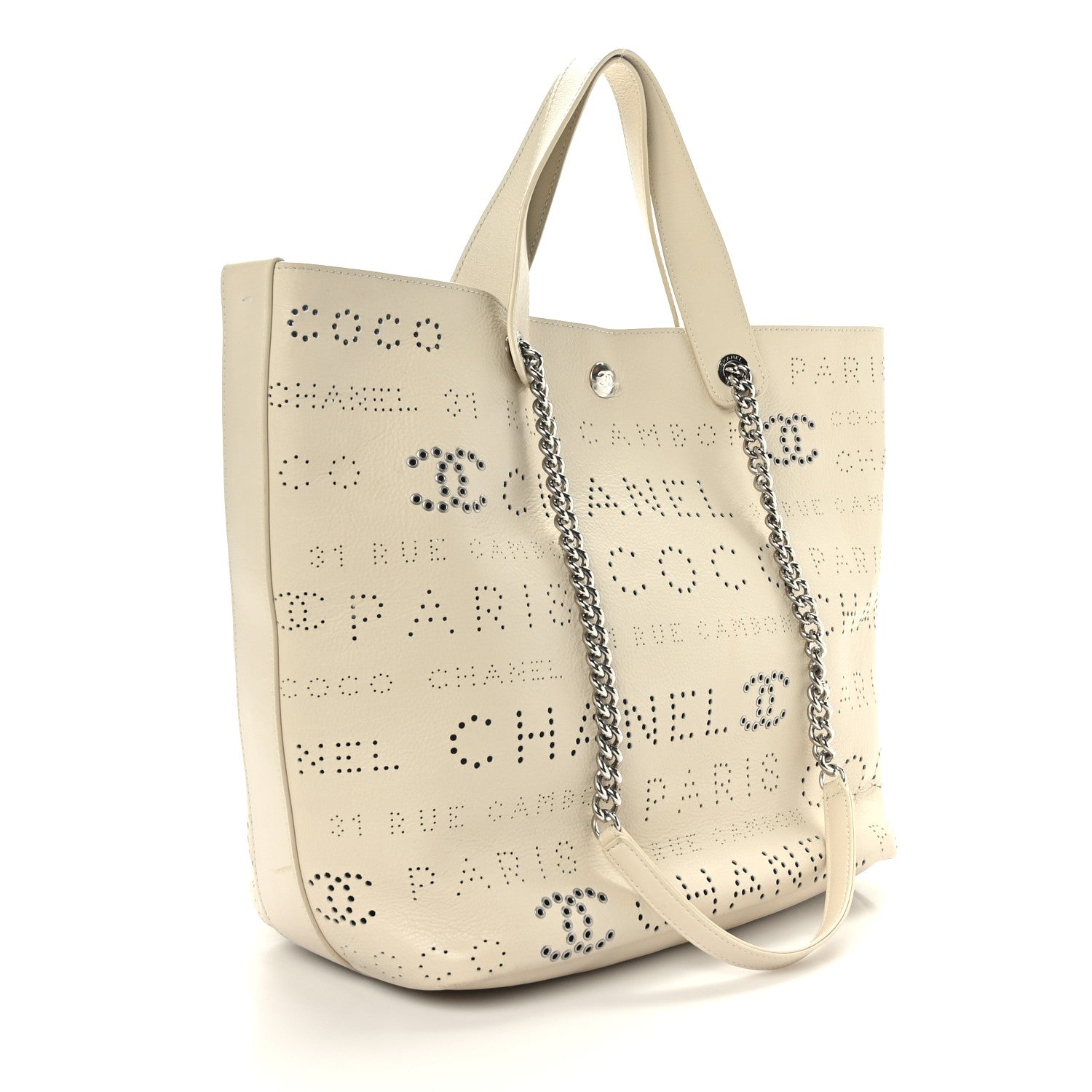 Chanel Calfskin Tweed Small Logo Eyelets Shopping Tote Beige 4 of 12