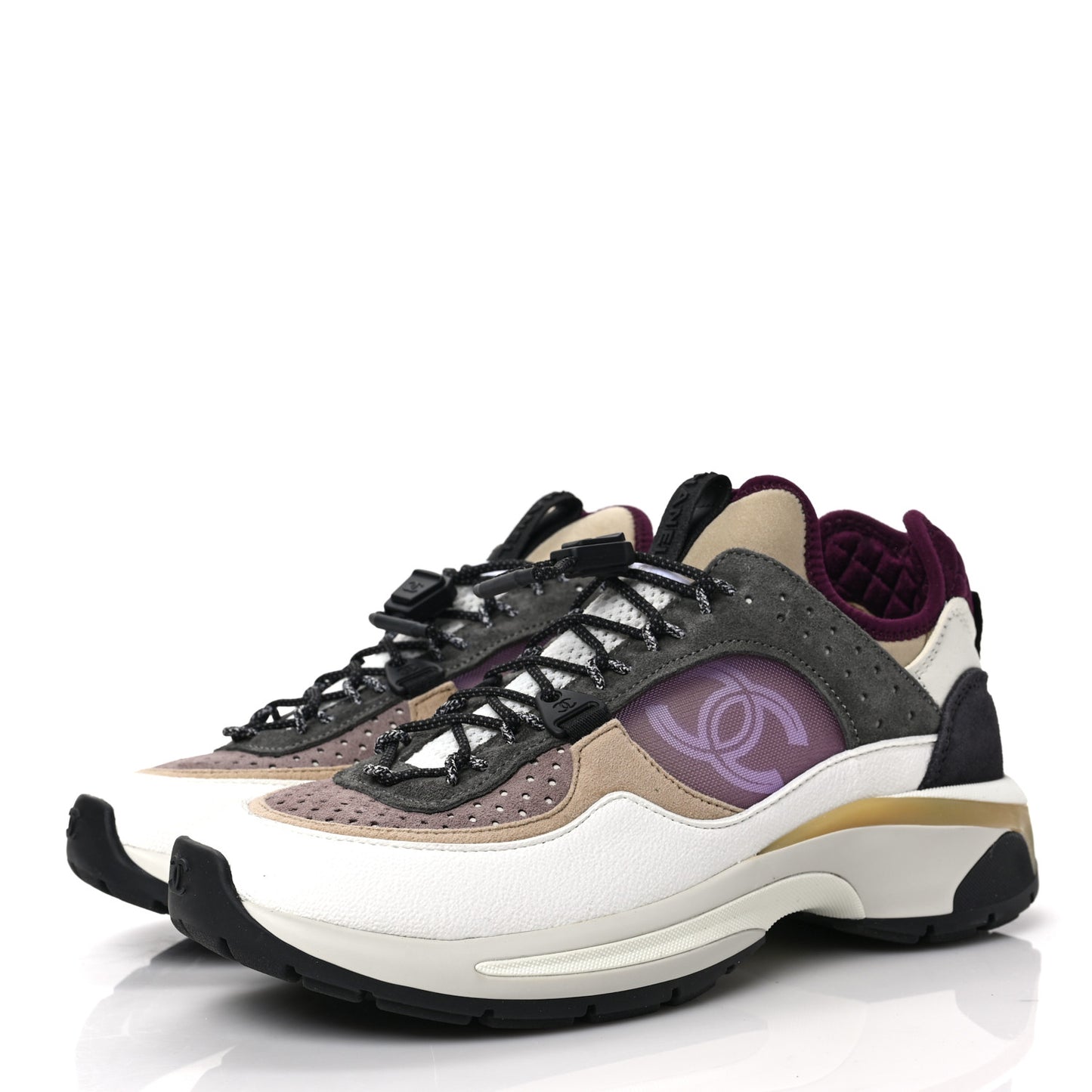 Fabric Suede Calfskin Mesh Womens CC Sneakers 37 White Grey Purple