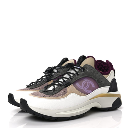 Chanel Fabric Suede Calfskin Mesh Womens CC Sneakers 37 White Grey Purple 3 of 8