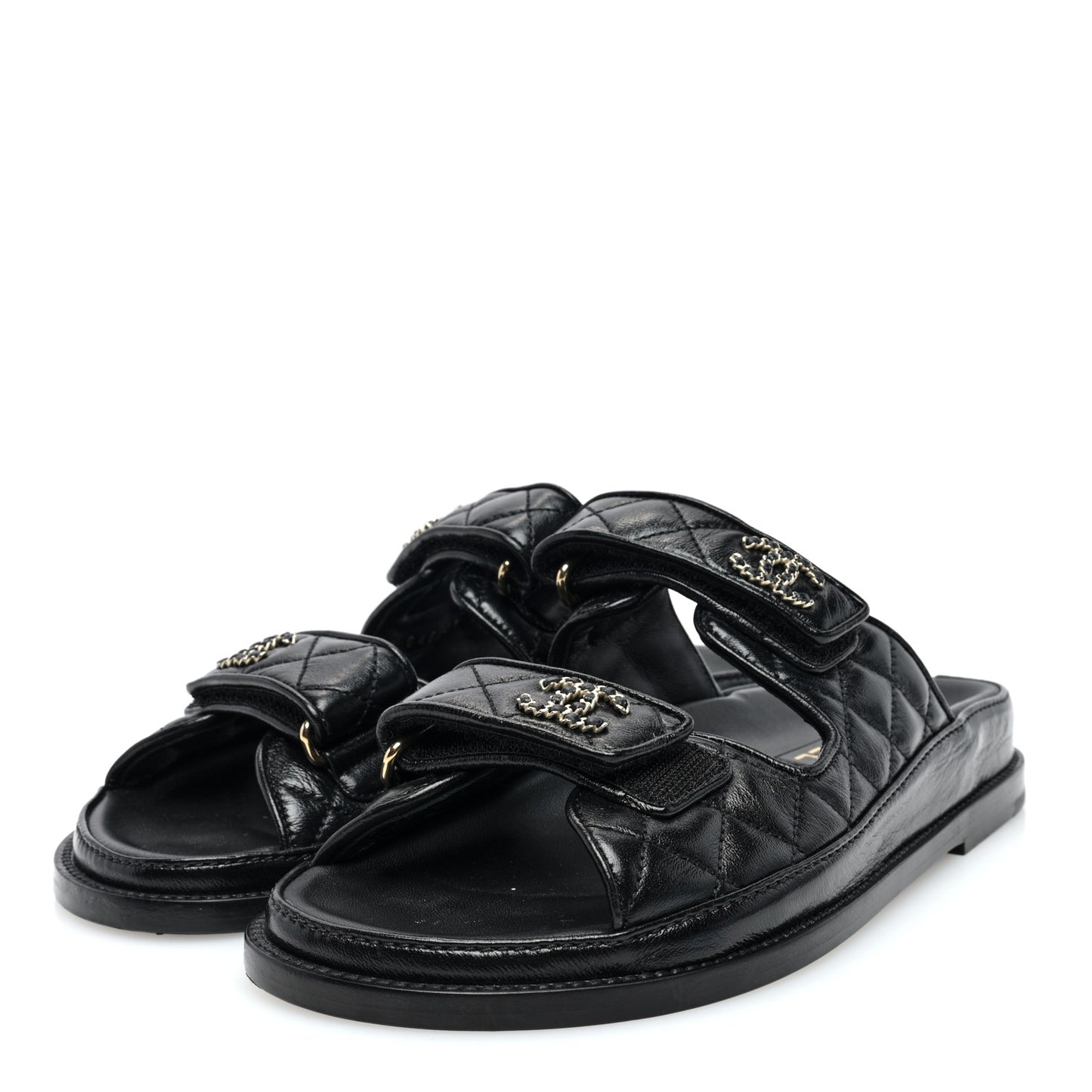 Lambskin Quilted Velcro Dad Chain CC Slide Sandals 36.5 Black