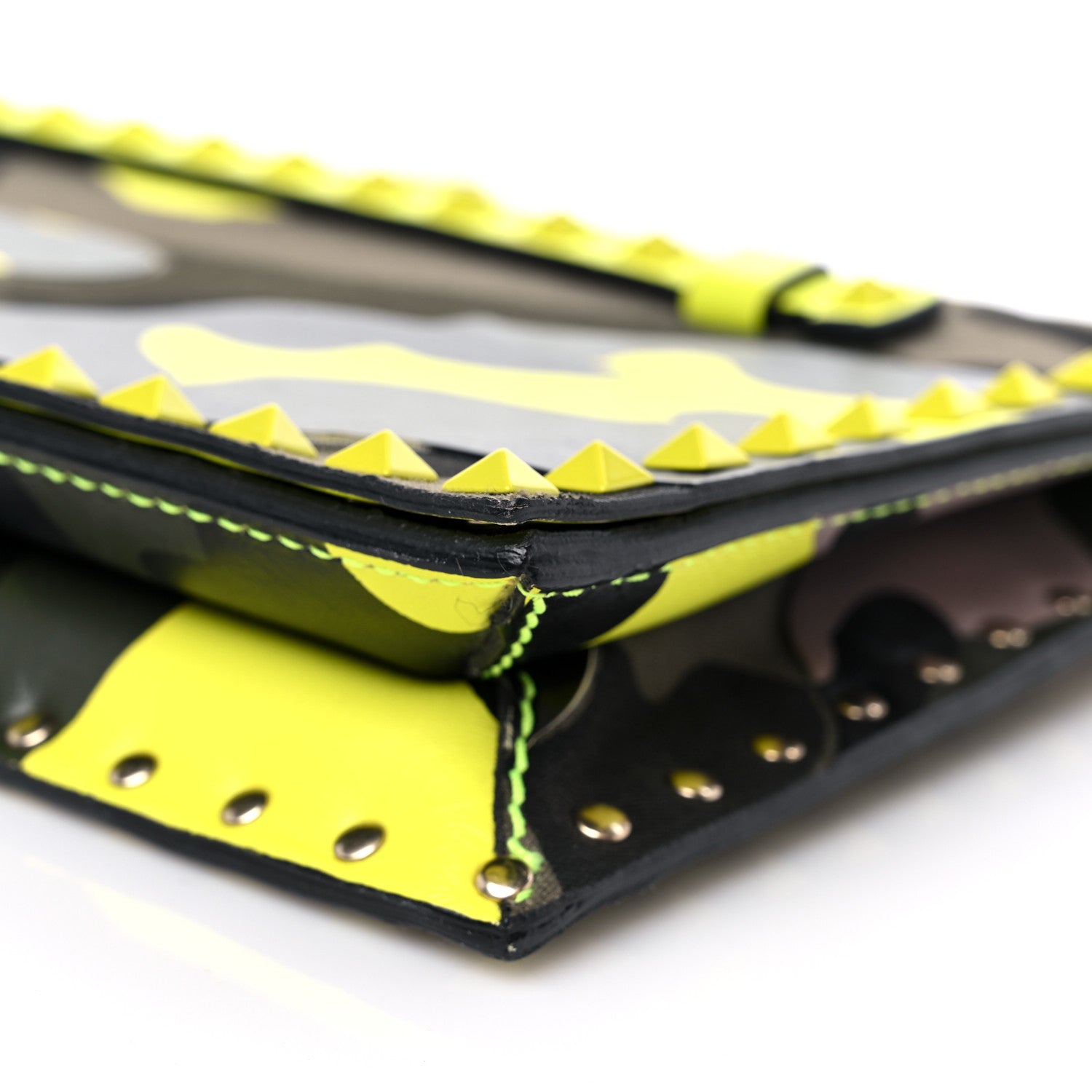 Valentino Garavani Nappa Canvas Camouflage Rockstud Wristlet Clutch Yellow Fluo Green 8 of 15