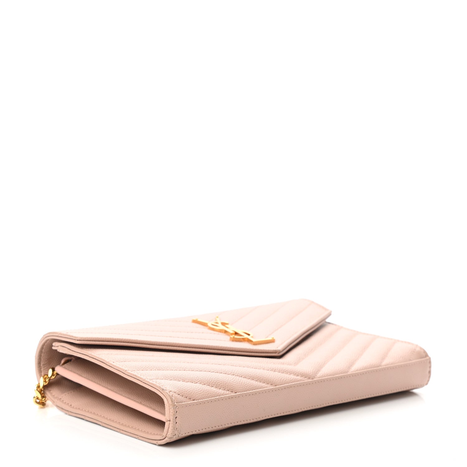 Saint Laurent Grain De Poudre Matelasse Chevron Monogram Chain Wallet Pale Pink 3 of 11