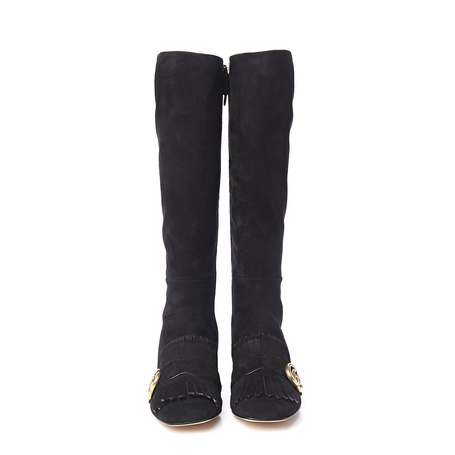 Gucci Kid Scamosciato GG Marmont Fringe Knee High Boots 37.5 Black 2 of 7
