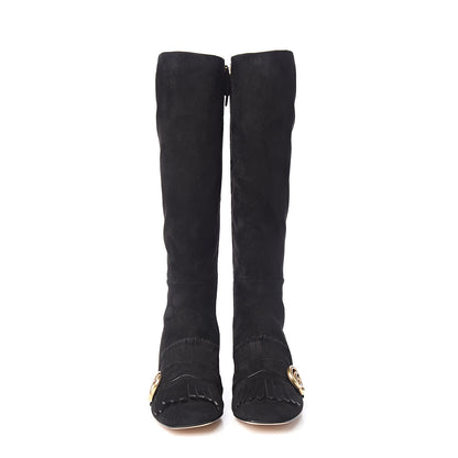 Gucci Kid Scamosciato GG Marmont Fringe Knee High Boots 37.5 Black 2 of 7