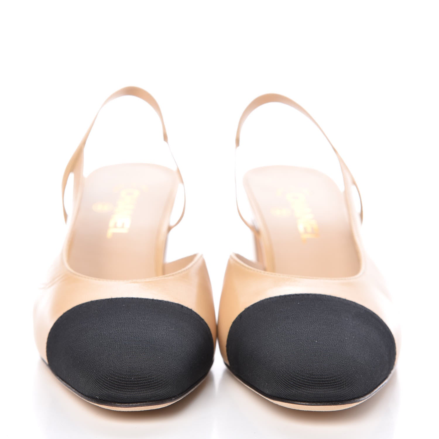 Chanel Goatskin Grosgrain Cap Toe CC Slingback Pumps 41 Beige Black 2 of 9