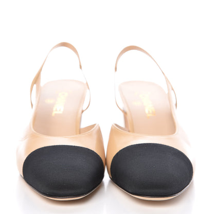 Chanel Goatskin Grosgrain Cap Toe CC Slingback Pumps 41 Beige Black 2 of 9