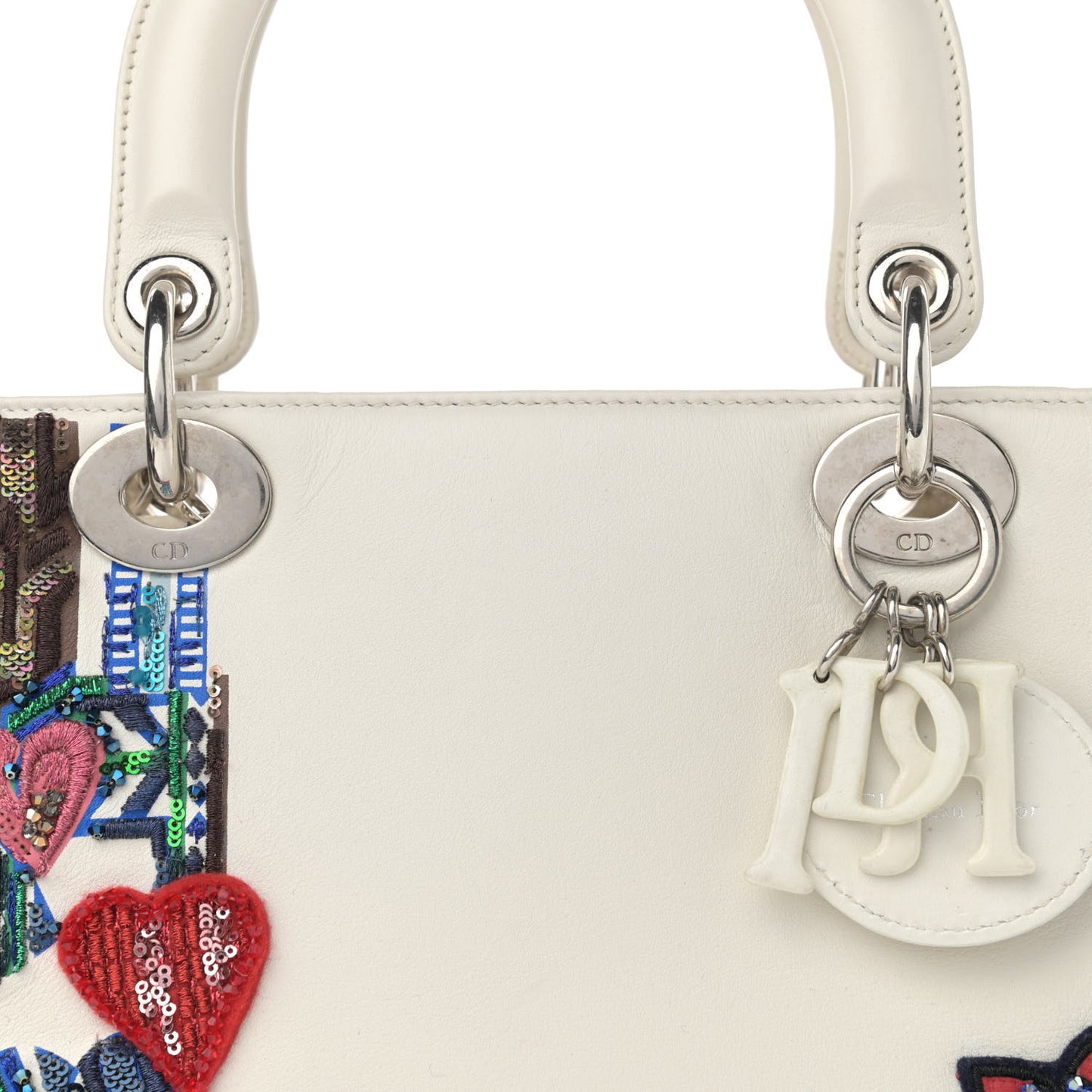 Smooth Calfskin Embroidered Medium Lady Dior White Multicolor