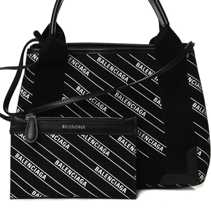 Balenciaga Cotton Canvas Calfskin Logo Print Navy Cabas XS Black White 9 of 18