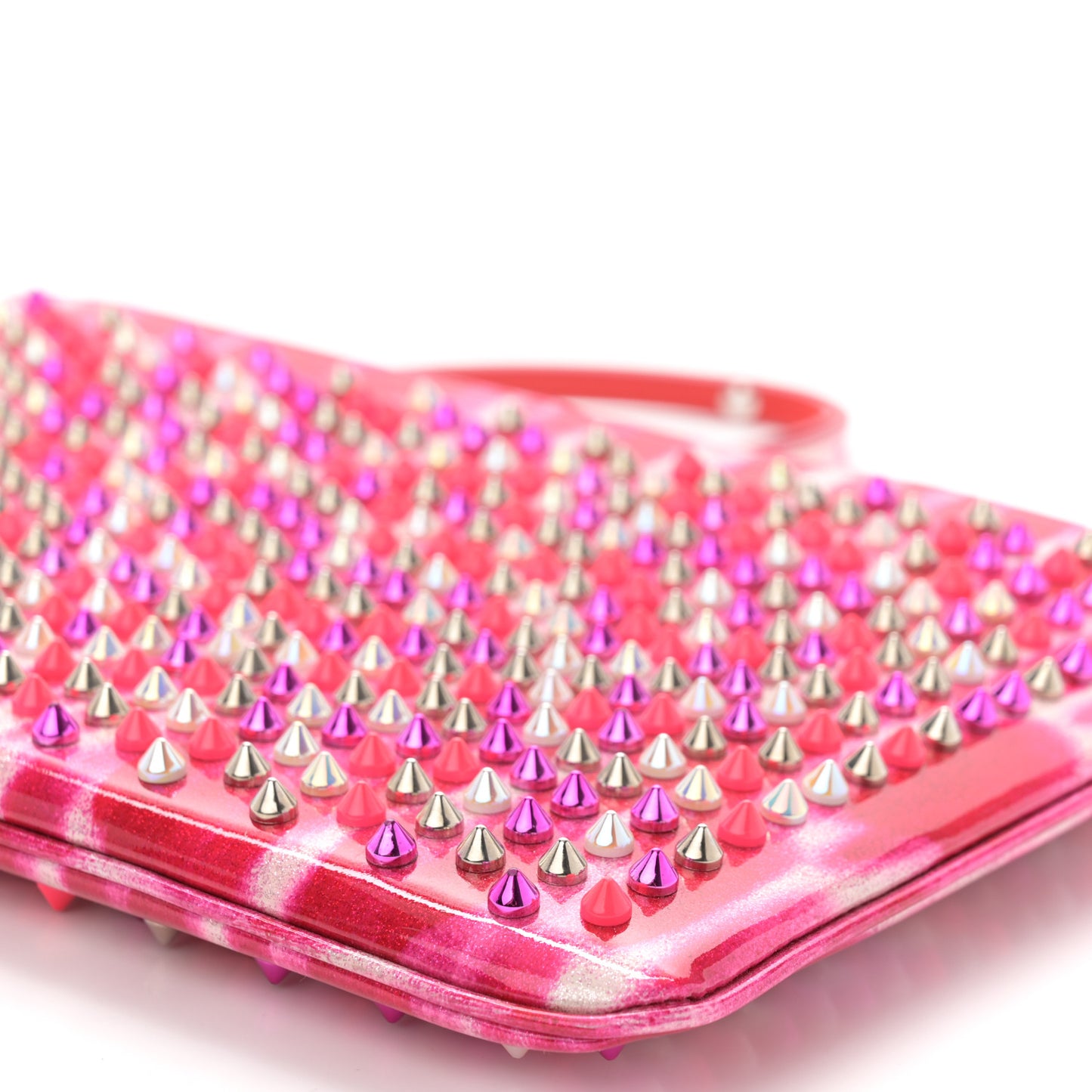 CHRISTIAN LOUBOUTIN Patent Glittart Studded Loubiposh Chain Clutch Shocking Pink