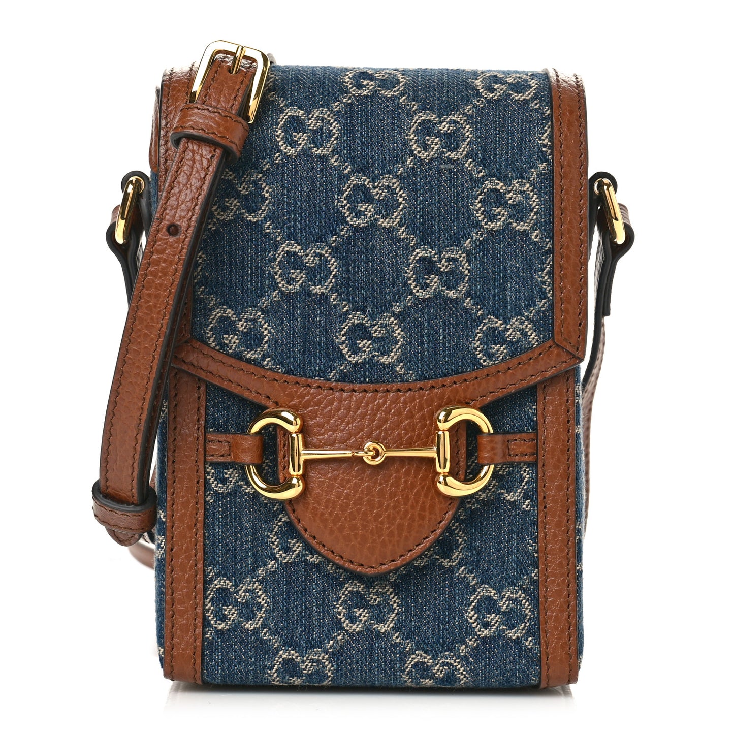 New Denim GG Monogram Dollar Calfskin Mini Horsebit 1955 Crossbody Bag Blue Tea Cuir Epilog