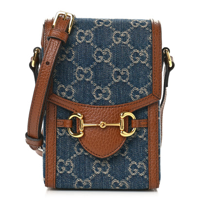 Gucci New Denim GG Monogram Dollar Calfskin Mini Horsebit 1955 Crossbody Bag Blue Tea Cuir Epilog 1 of 8