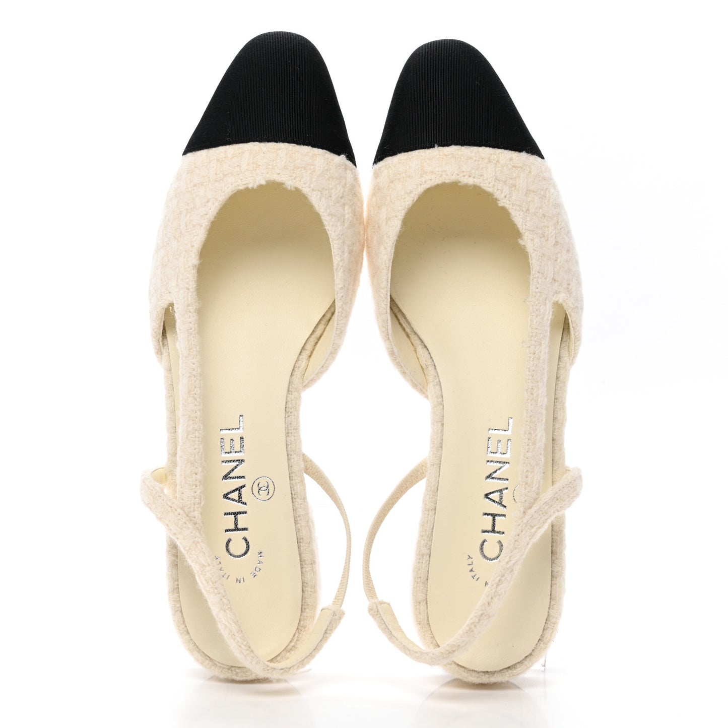 Wool Tweed Grosgrain Cap Toe CC Slingback Flat 38 Ivory Black