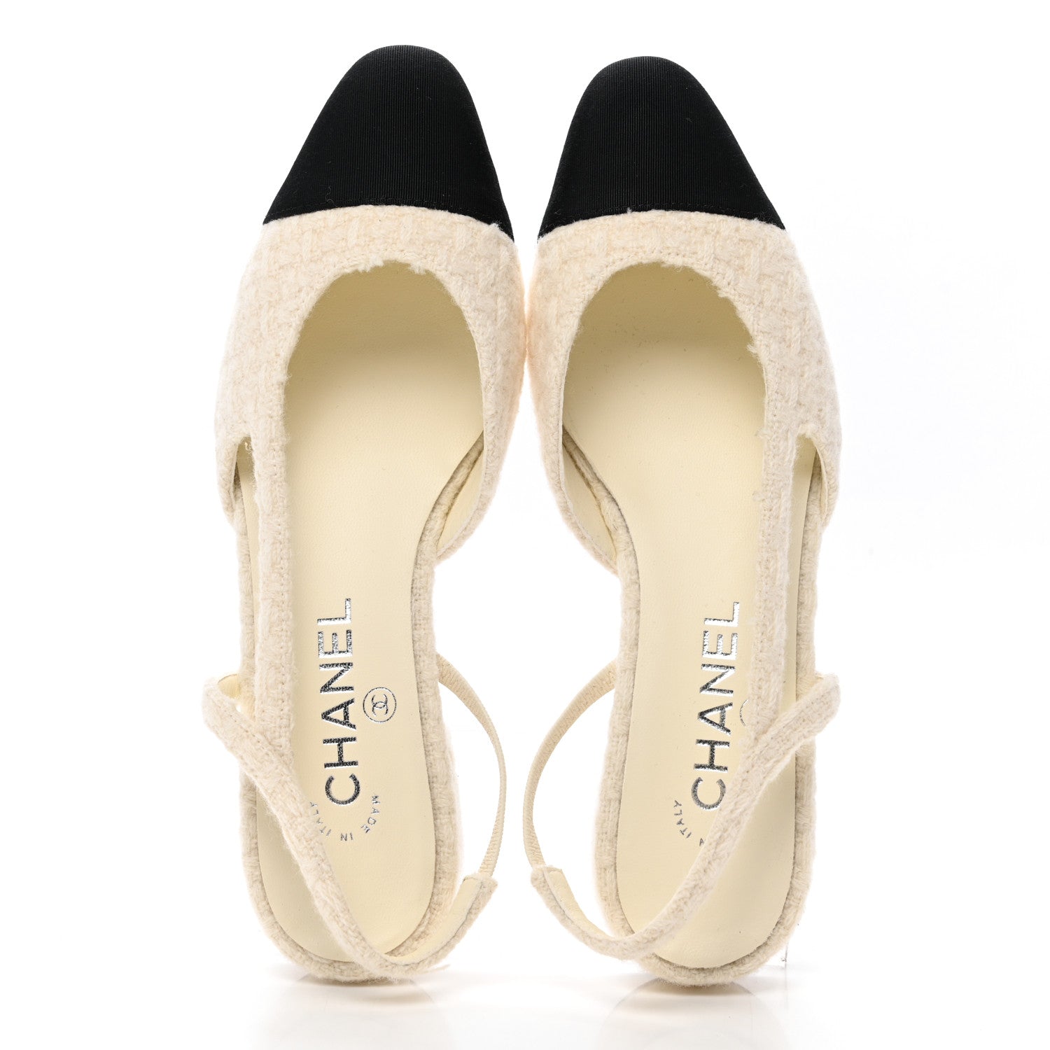 Chanel Wool Tweed Grosgrain Cap Toe CC Slingback Flat 38 Ivory Black 2 of 11