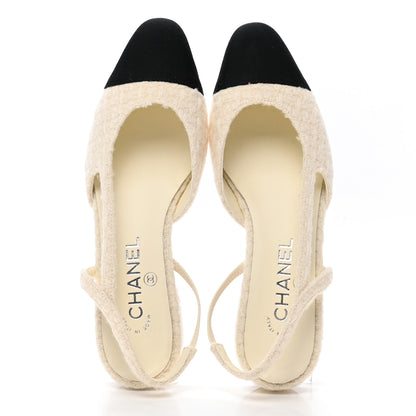 Chanel Wool Tweed Grosgrain Cap Toe CC Slingback Flat 38 Ivory Black 2 of 11