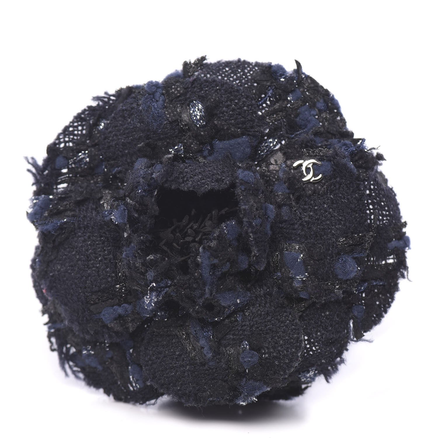 Chanel Tweed Camellia Pin Brooch Navy Blue 1 of 3