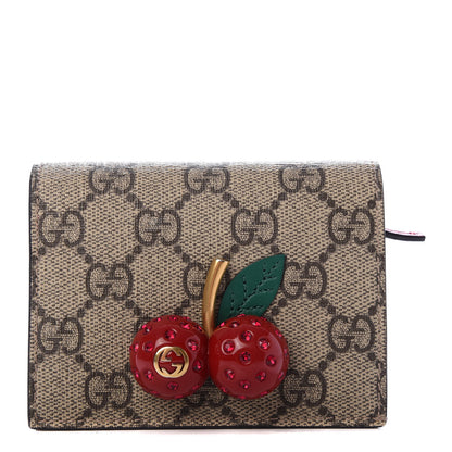 Gucci GG Supreme Monogram Cherry Embellished Card Case Wallet Hibiscus Red 1 of 7