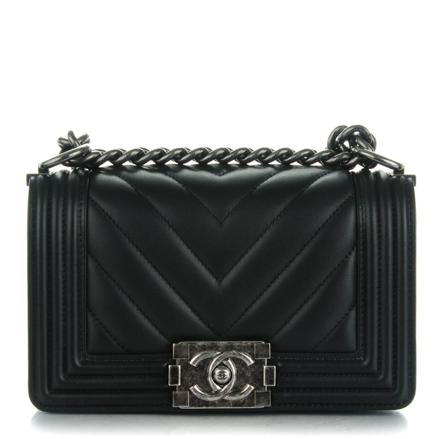 Calfskin Chevron Quilted Small Boy Flap Black