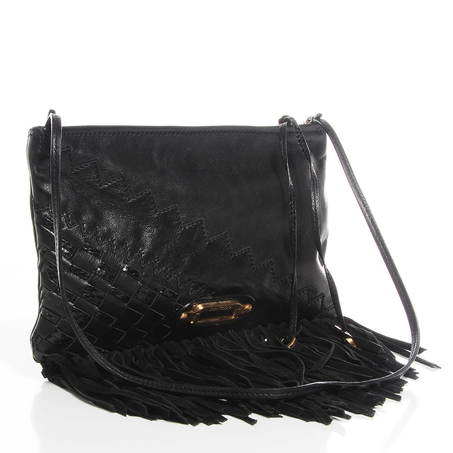 Leather Snakeskin Suede Fringe Tita Convertible Clutch Black