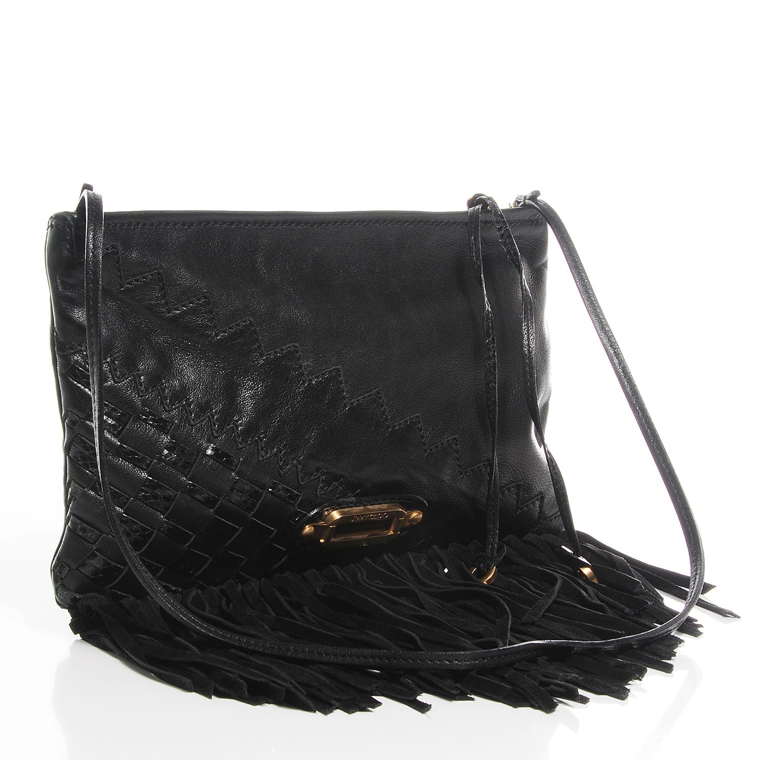 Jimmy Choo Leather Snakeskin Suede Fringe Tita Convertible Clutch Black 3 of 8
