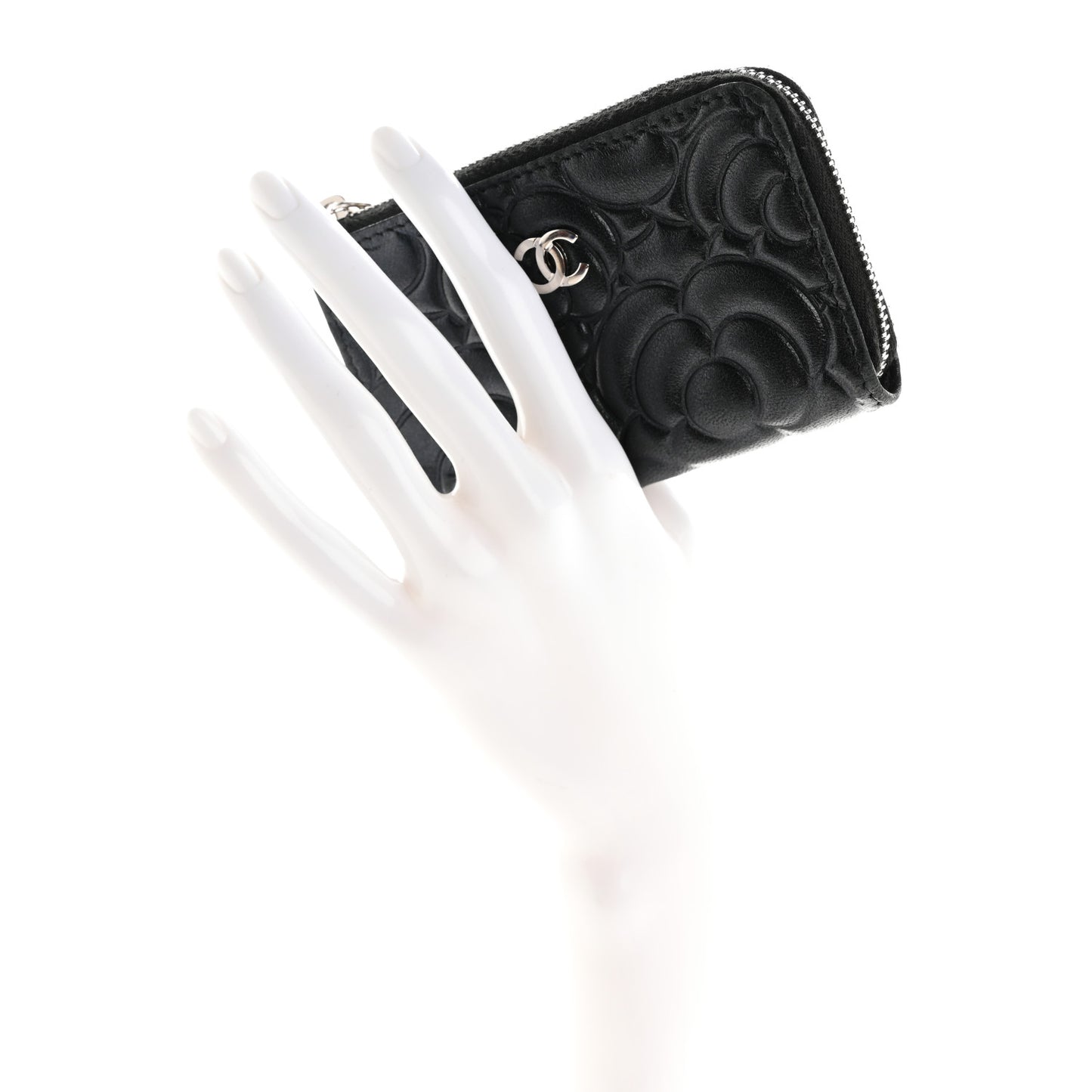 Lambskin Camellia Embossed Key Holder Case Black