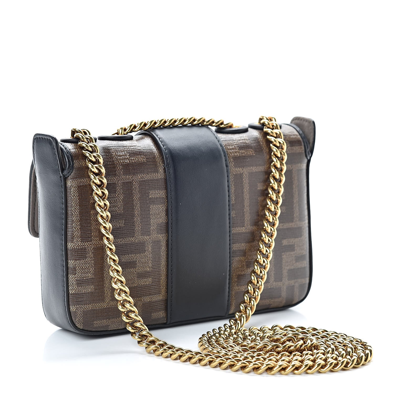 Fendi Glazed Fabric Vitello Century FF 1974 Stamp Patch Mini Double F Crossbody Bag Mogano Panna Black 3 of 10