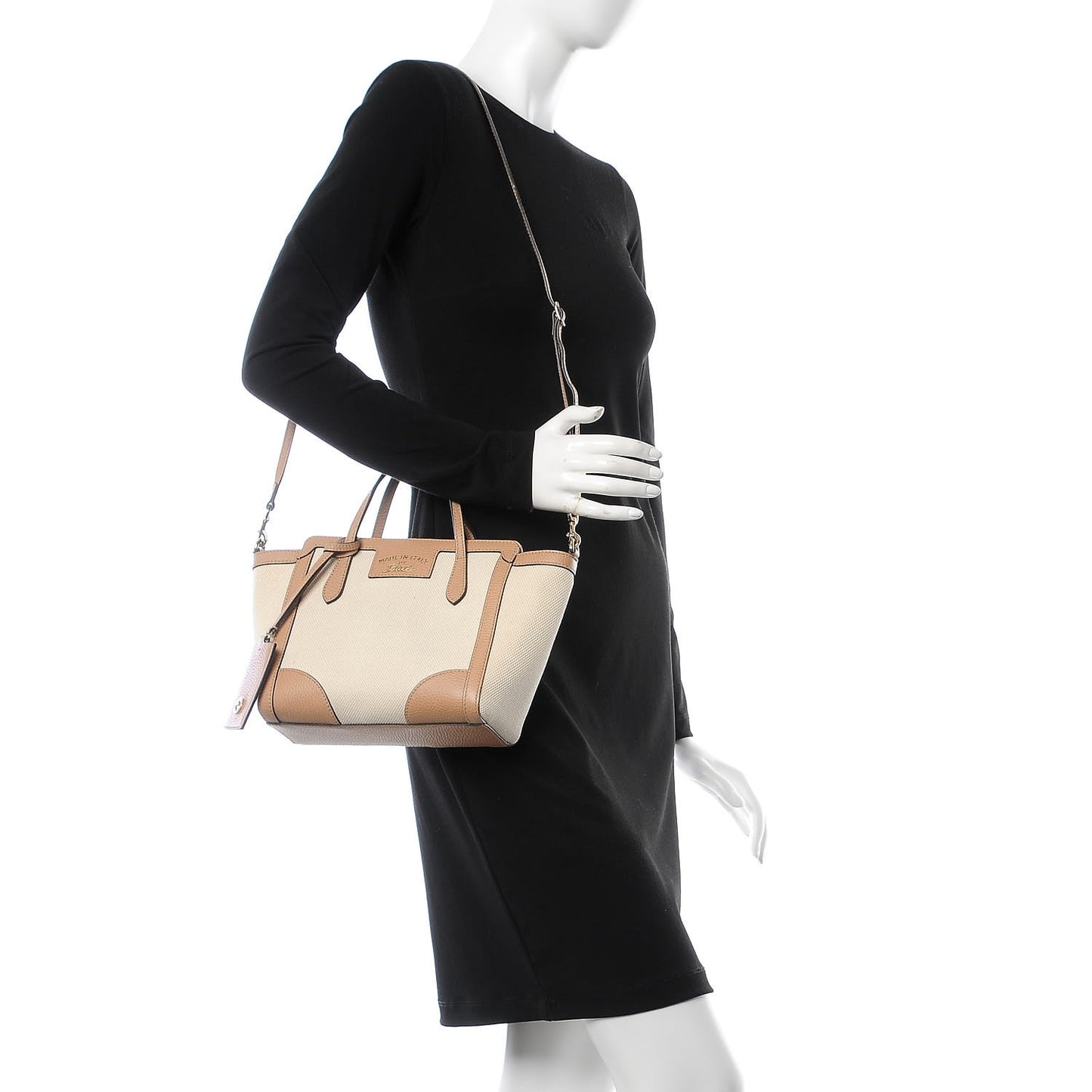 Linen Canvas Calfskin MIni Swing Top Handle Bag Natural