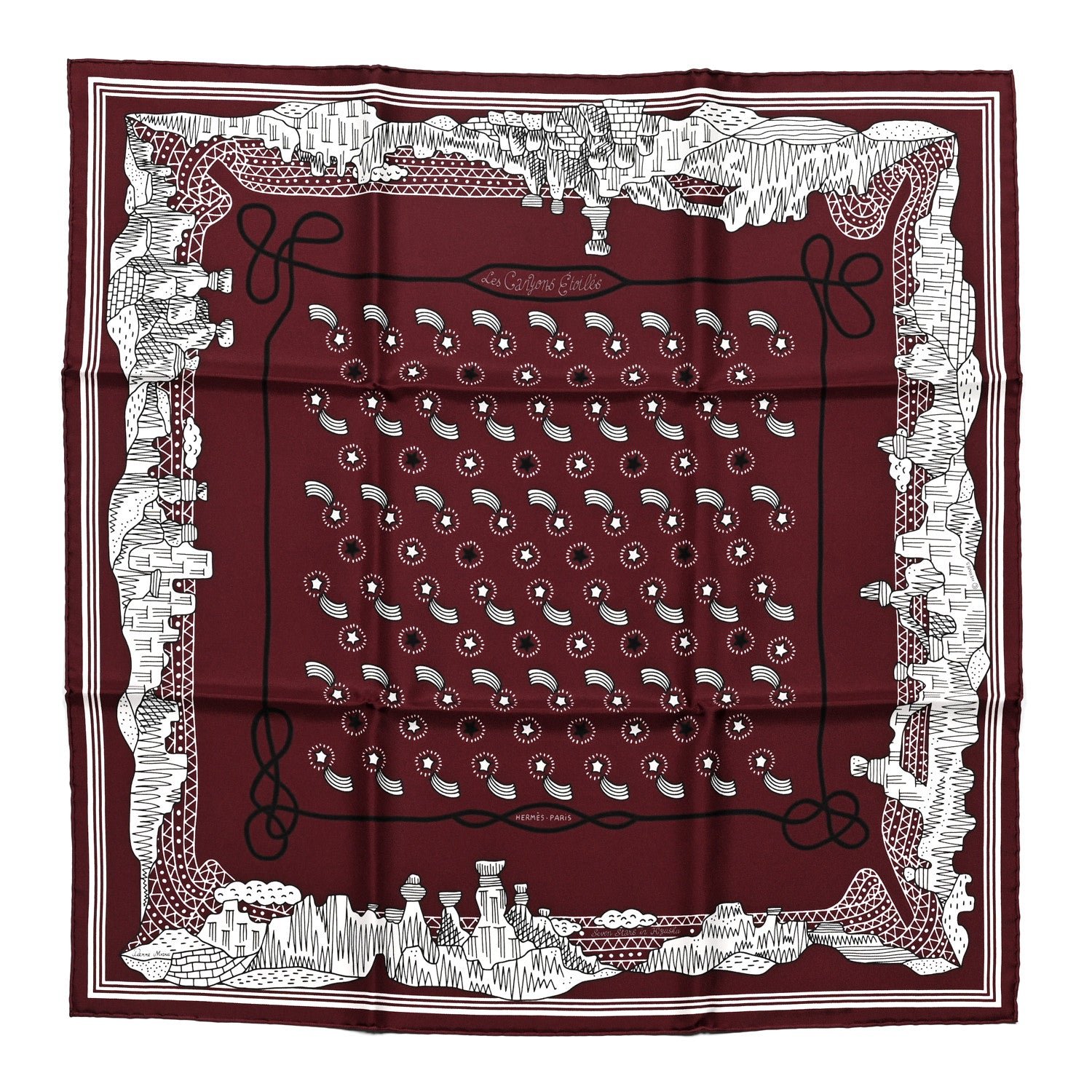 Hermes Silk Les Canyons Etoiles Bandana Scarf 55 Bordeaux White Black 1 of 5
