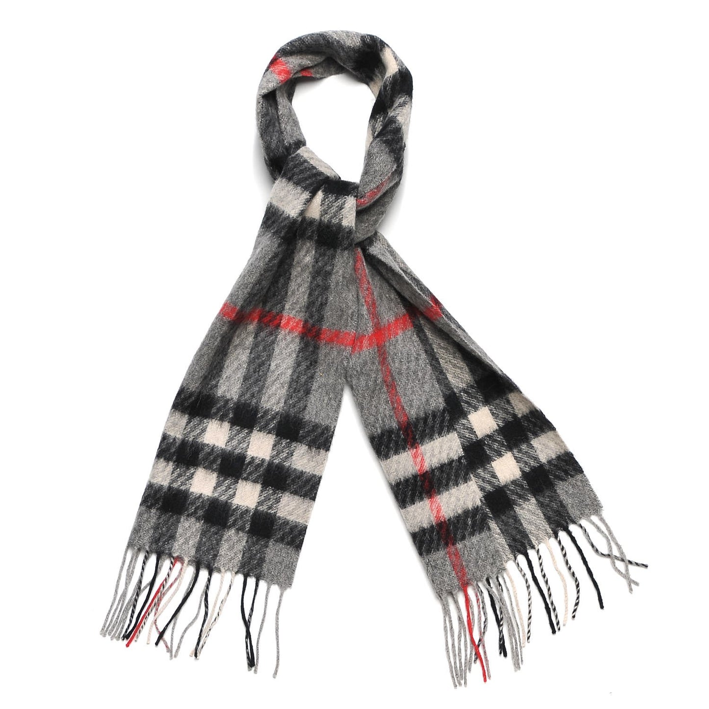 Cashmere Giant Check Fringe Scarf Grey