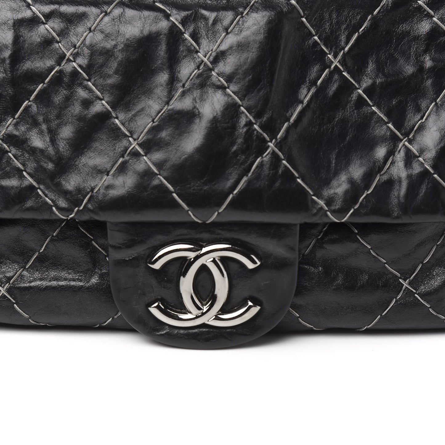 Glazed Goatskin Double Contrast Stitch Flap Black