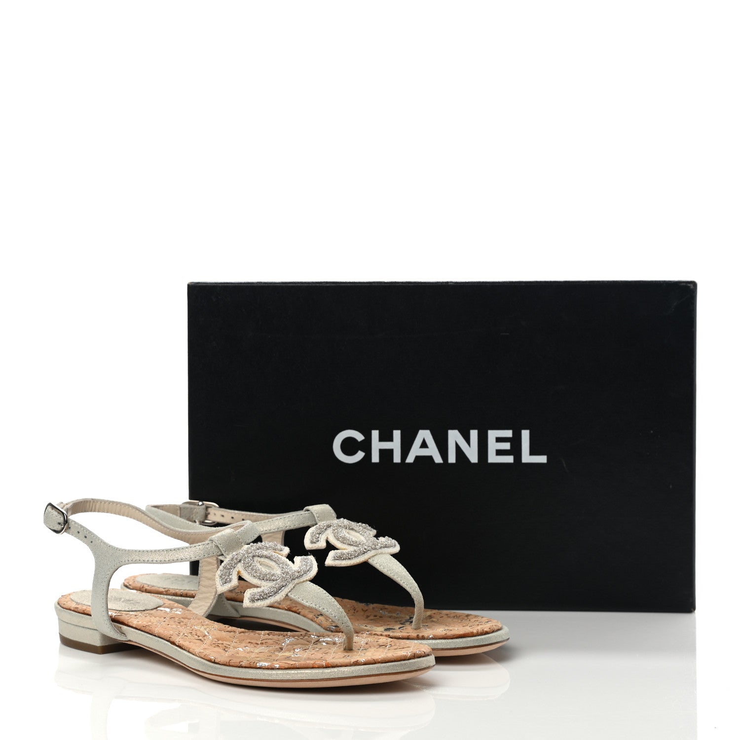 Chanel Metallic Suede Cork CC Thong Sandals 36.5 Silver 13 of 13
