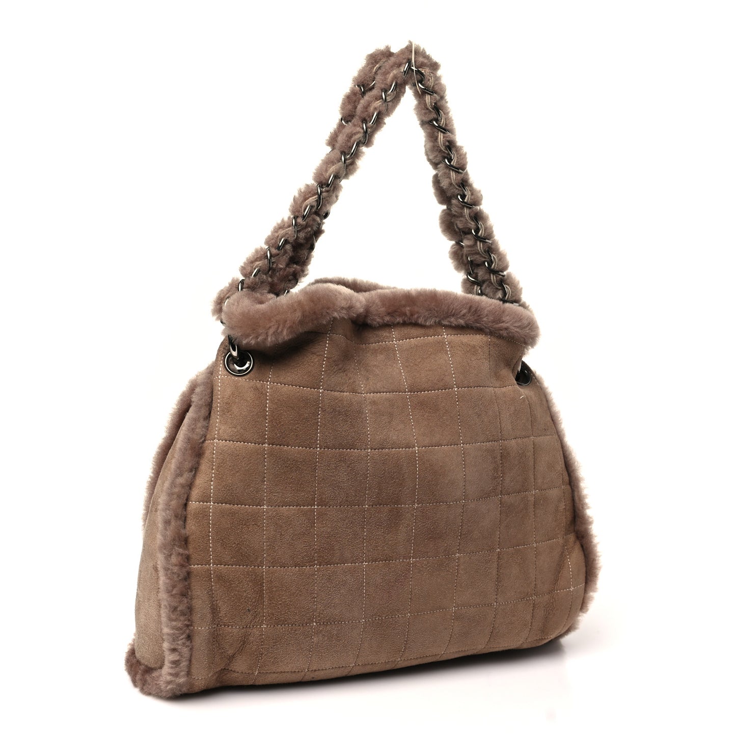 Shearling Suede Stiched CC Tote Dark Brown