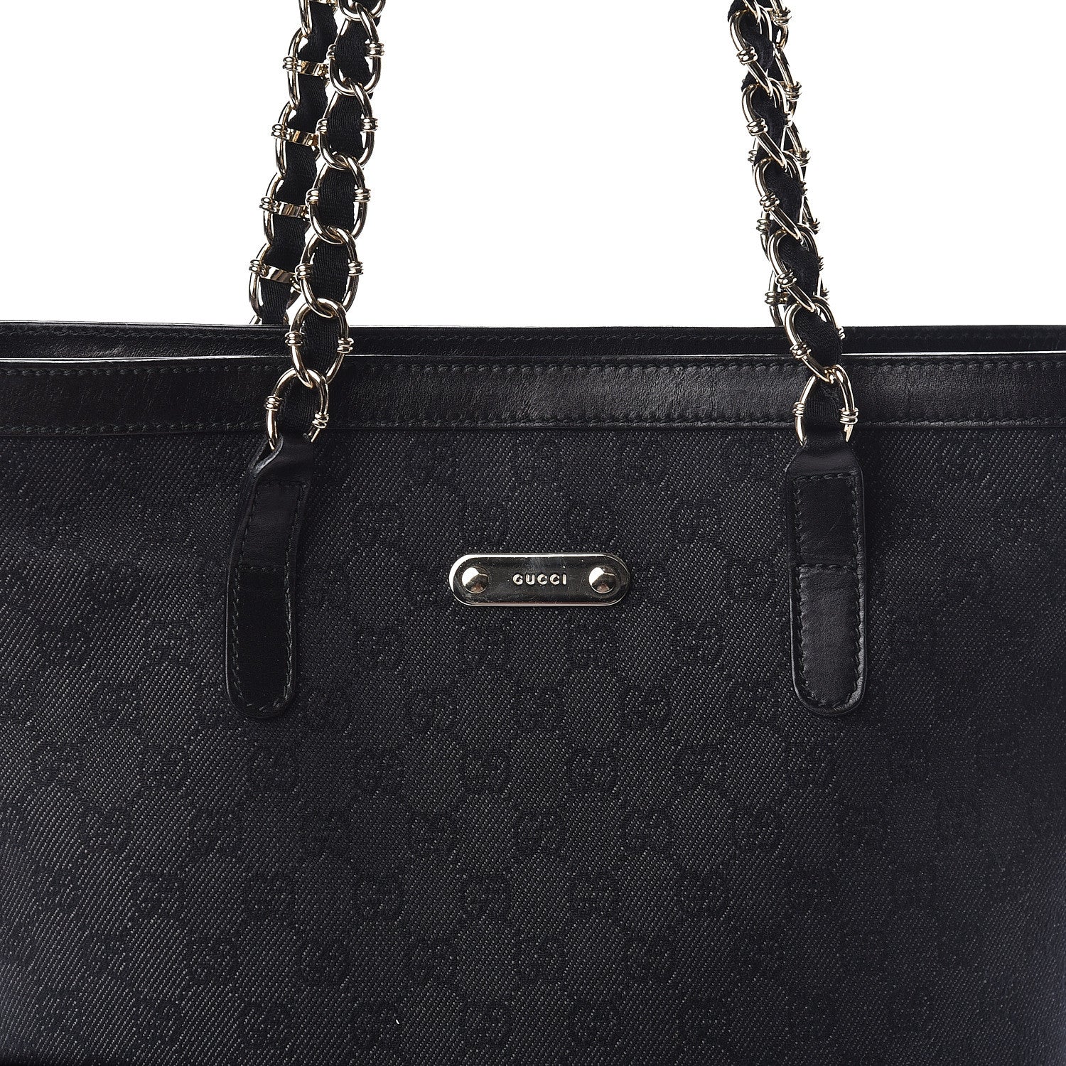 Gucci Denim Monogram Chain Bucket Tote Black 8 of 10