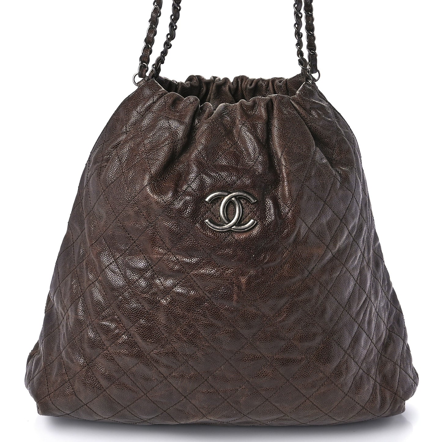 Distressed Glazed Caviar Quilted Large Elastic Tote Brown